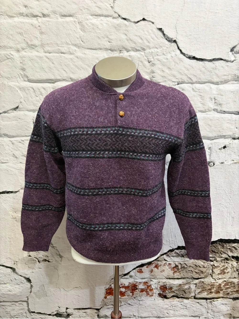JANTZEN Vintage 100% Wool Purple Teal Pullover Sweater‎ Grandpa Cabin Winter